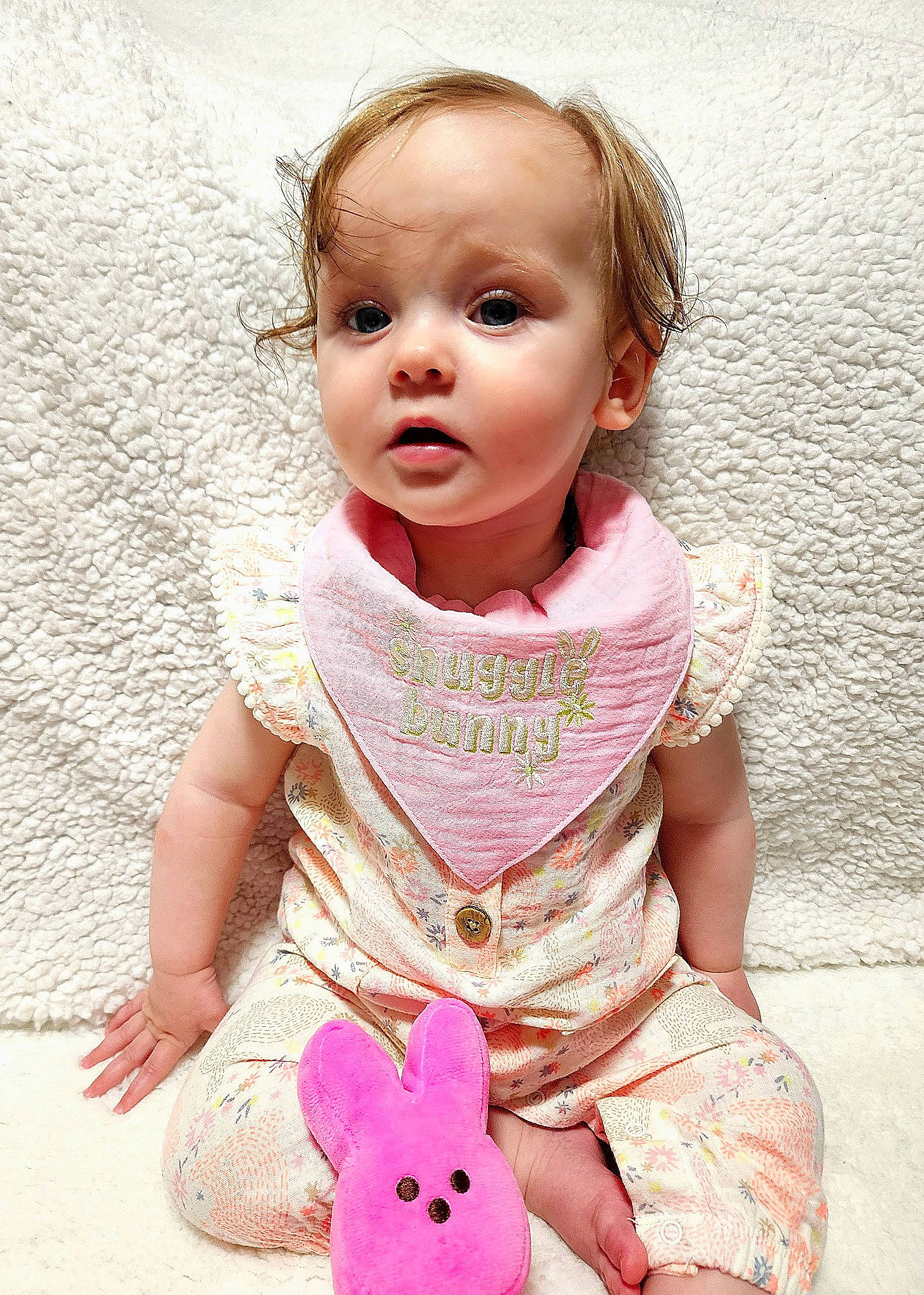 Mackenna is registered to the contest to win money with this photo: baby, baby_toddler_clothing, cheek, child, day_dress, dress, eyelash, face, happy, magenta, pattern, person, pink, portrait_photography, sitting, skin, sleeve, smile, toddler, toy