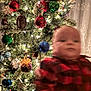 baby, child, blurry, christmas_tree, christmas_ornaments, holiday, festive, lights, red, green, blue, indoor, person, plaid, decorations, pine, celebration, young, infant, winter