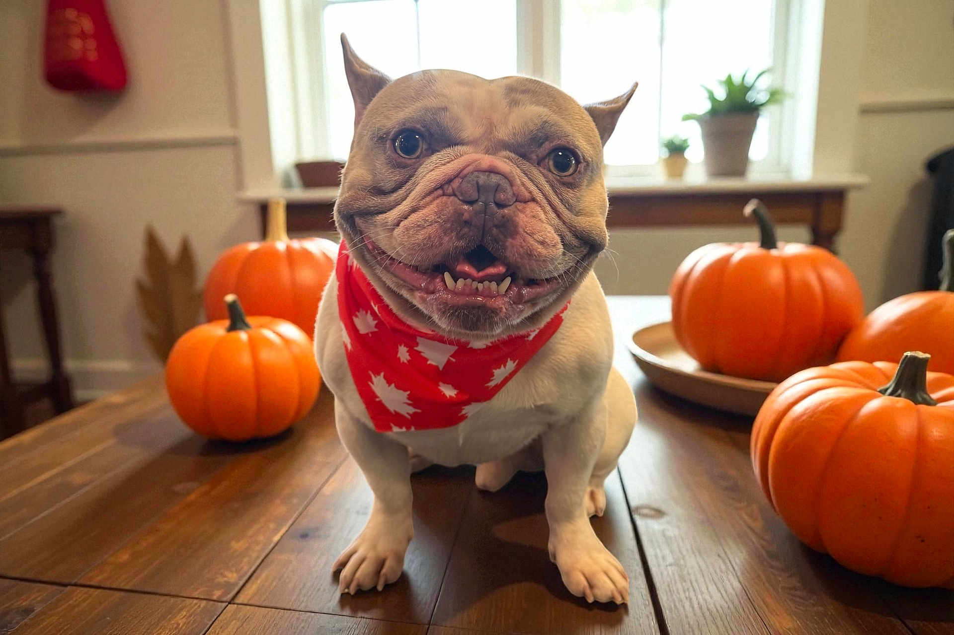 Valentino is registered to the contest to win money with this photo: dog, french_bulldog, bandana, pumpkin, table, indoor, smiling, autumn, decor, wooden_floor, pet, cute, orange, leaf_pattern, holiday, festive, animal, face, front_view, cozy