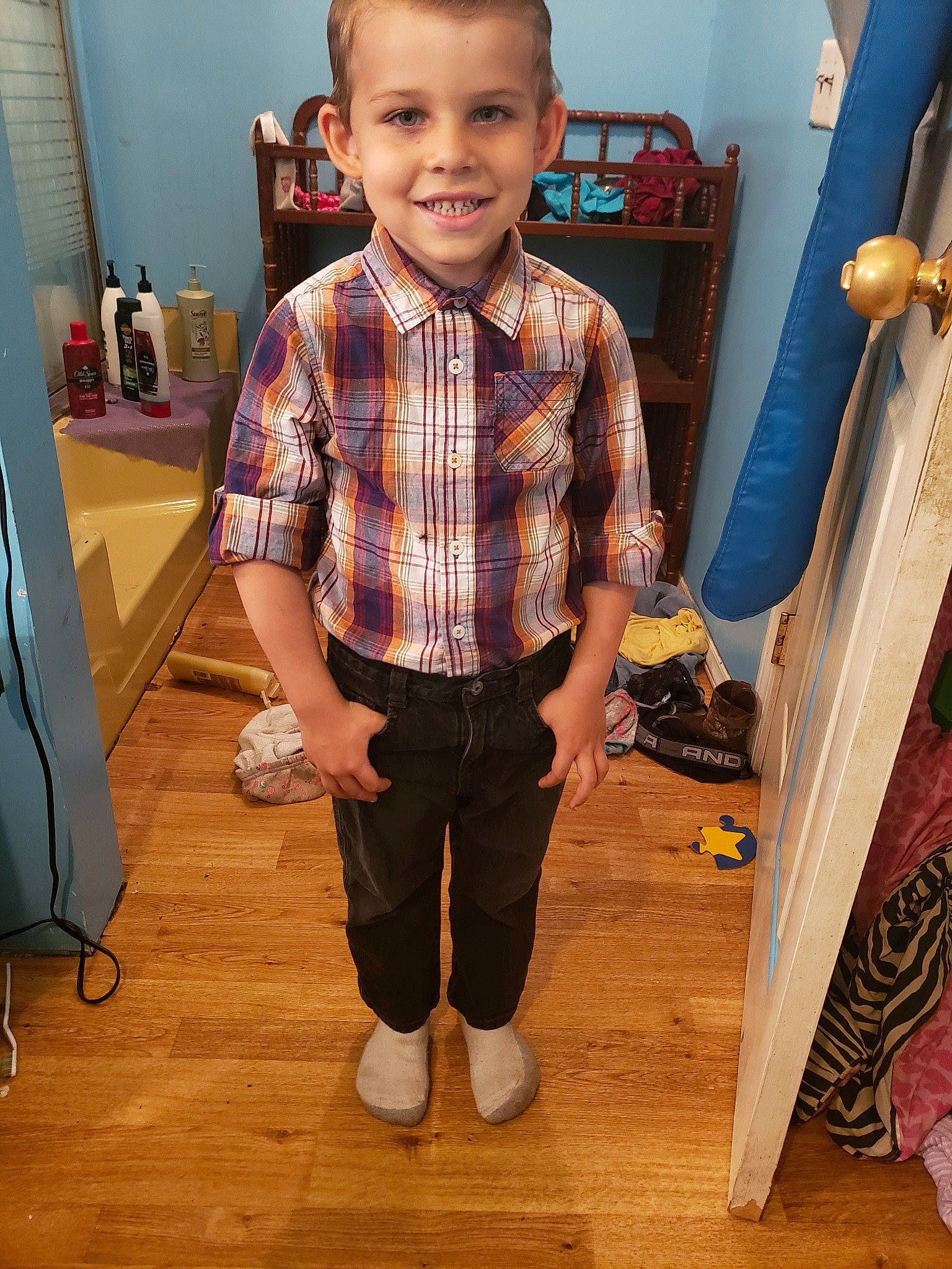 Zane joined the competition — help win amazing prizes! child, joy, pattern, person, plaid, shoe, sleeve, standing, t_shirt, tartan, toddler