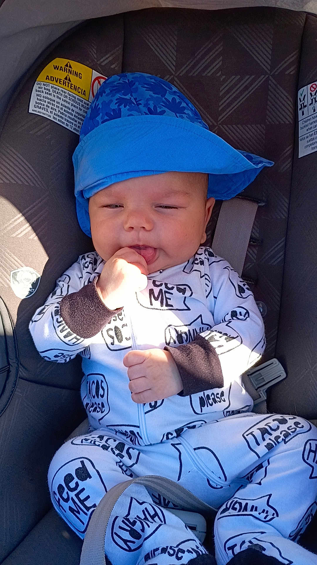 Jackson joined the competition — help win amazing prizes! baby, child, car_seat, blue_hat, onesie, text_print, infant, sitting, finger_in_mouth, cute, sleepy, clothing, seatbelt, sunlight, indoors, person, headwear, apparel, young_child, portrait
