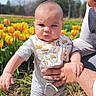 adult, arm, baby, bib, bokeh, expression, face, field, flowers, grass, hand, infant, onesie, outdoors, portrait, ring, sunlight, tattoo, toddler, tulips