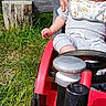 adult_hand, baby, bench, bib, closeup, cropped_face, grass, gray_clothing, hand, infant, log, outdoor, playtime, red_vehicle, seat, steering_wheel, sunlight, toy_car, wheel, wood