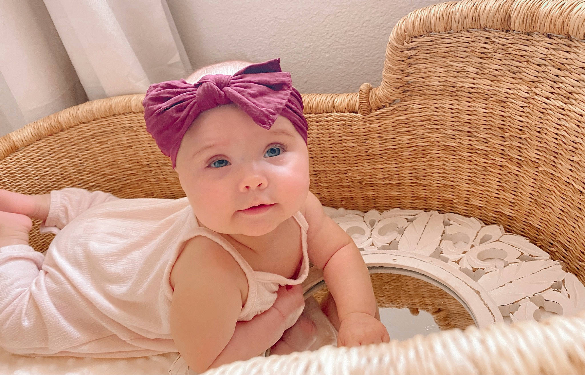 Naomi is registered to the contest to win money with this photo: baby, baby_safety, baby_toddler_clothing, child, comfort, fashion_accessory, fun, hair_accessory, happy, headband, headpiece, headwear, linens, magenta, person, pink, sitting, skin, smile, textile