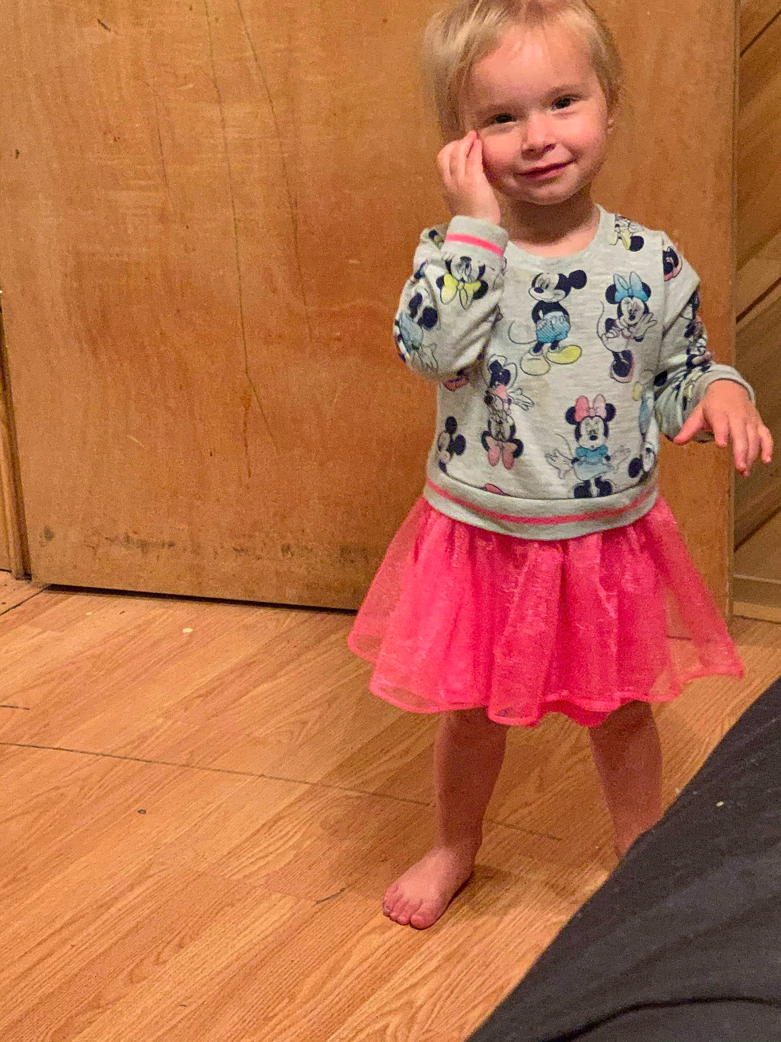 Skyla joined the competition — help win amazing prizes! baby_toddler_clothing, child, clothing, costume, dress, floor, flooring, hardwood, joy, pattern, person, pink, play, shorts, sleeve, standing, toddler, wood, wood_flooring