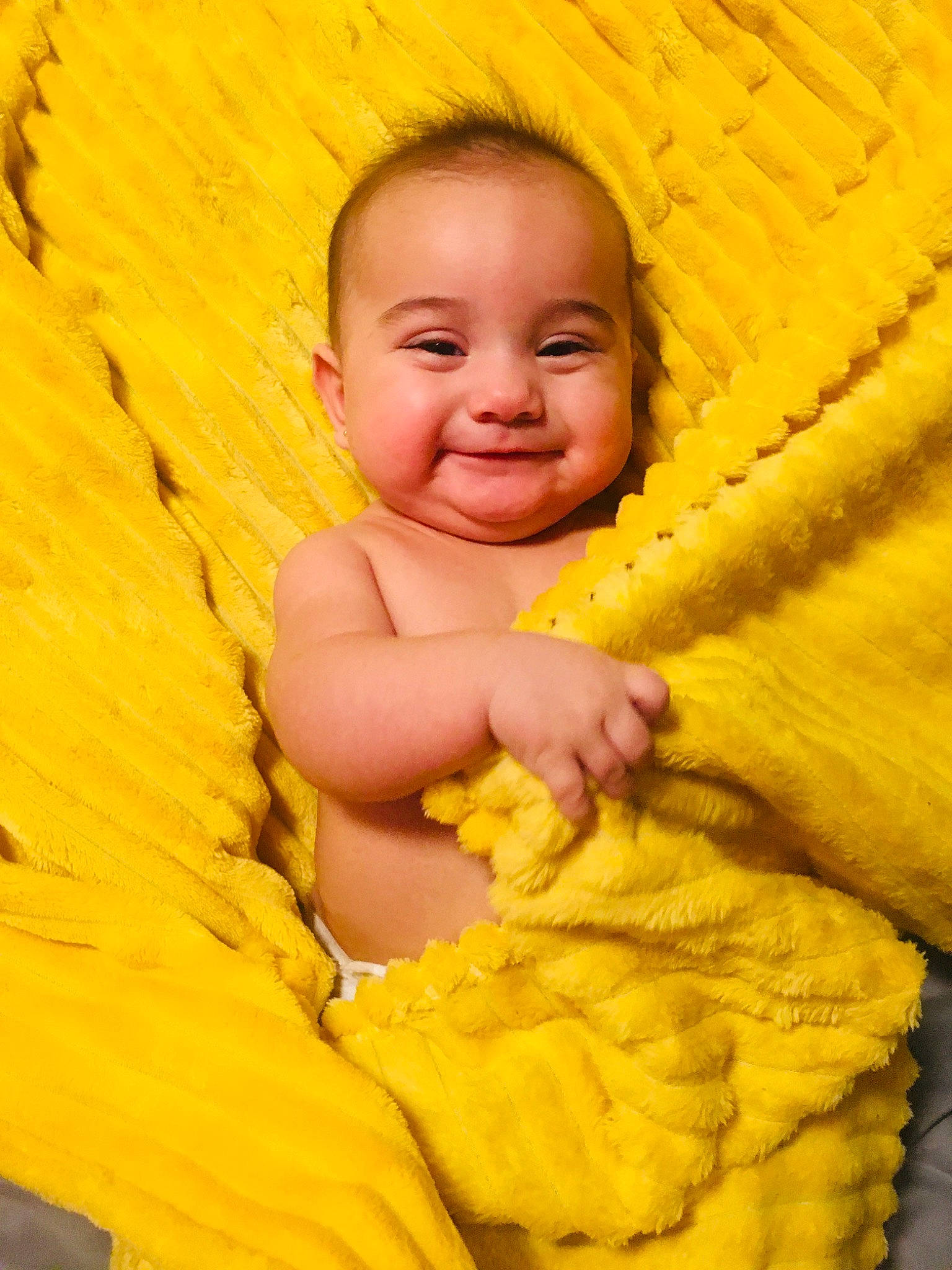 Charlie joined the competition — help win amazing prizes! baby, baby_toddler_clothing, blanket, cheek, child, comfort, eye, facial_expression, happy, iris, joy, lip, mouth, nose, orange, people_in_nature, person, skin, stomach, throat