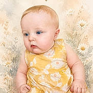 Olivia Faith joined the competition — help win amazing prizes! baby, infant, child, six_months, portrait, sitting, yellow_outfit, daisy_pattern, flowers, floral_background, milestone_photo, blue_eyes, blonde_hair, wide_eyed, indoor, studio_portrait, adorable, happy, headshot, photography