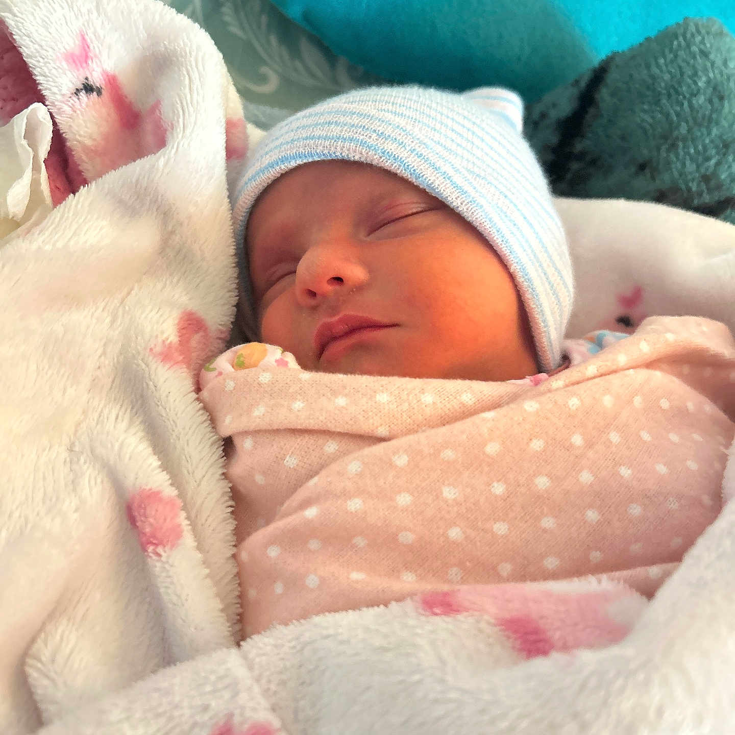 Haya joined the competition — help win amazing prizes! baby, bed, blanket, blue, child, comfort, cozy, cute, face, hat, infant, newborn, pink, polka_dot, resting, sleeping, soft, toddler, warm, wrapped