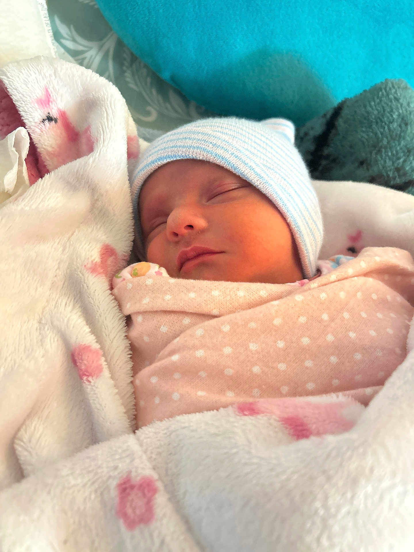 Haya joined the competition — help win amazing prizes! newborn, baby, sleeping, blanket, hat, polka_dot, pink, blue, cozy, soft, cute, infant, child, resting, wrapped, warm, face, bed, comfort, toddler