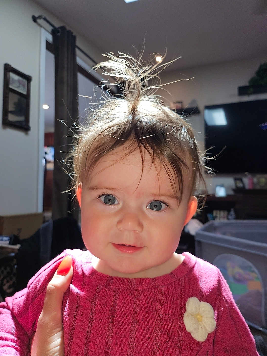 Liana joined the competition — help win amazing prizes! baby, child, face, hair, blue_eyes, pink_sweater, flower, hand, indoor, living_room, curtains, television, furniture, person, portrait, cute, expression, young_child, cozy, support