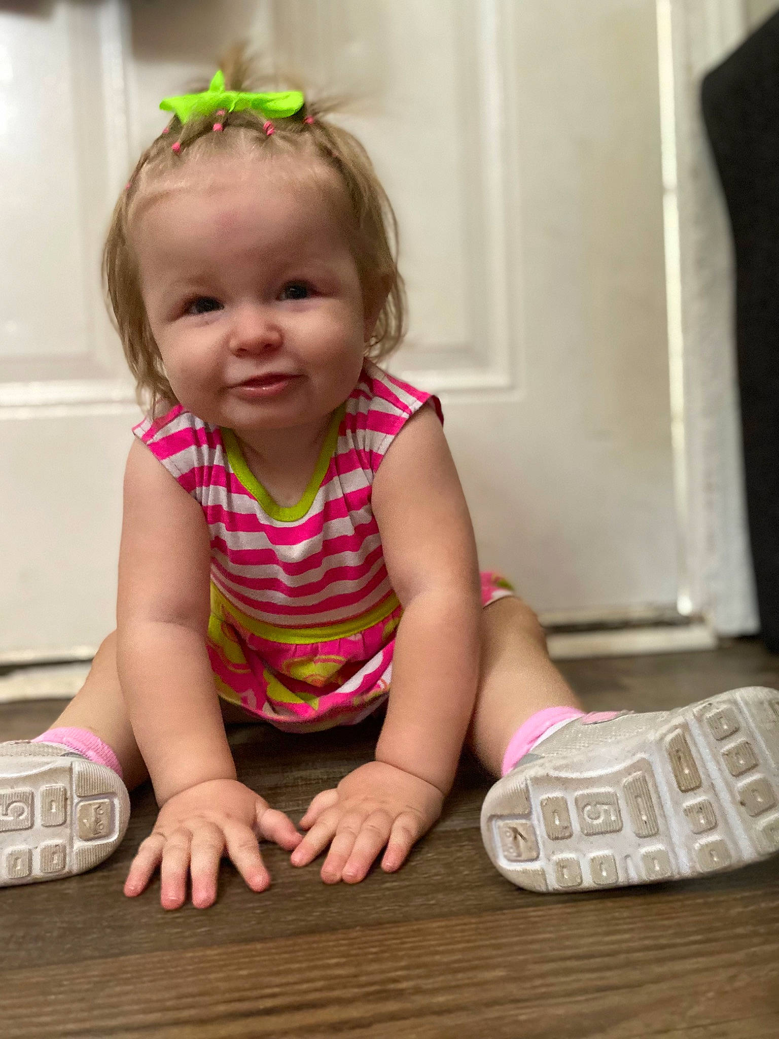 Jophelia joined the competition — help win amazing prizes! baby, baby_toddler_clothing, cheek, child, crawling, face, floor, flooring, fun, happy, hardwood, joy, magenta, office_equipment, person, pink, sitting, skin, smile, t_shirt