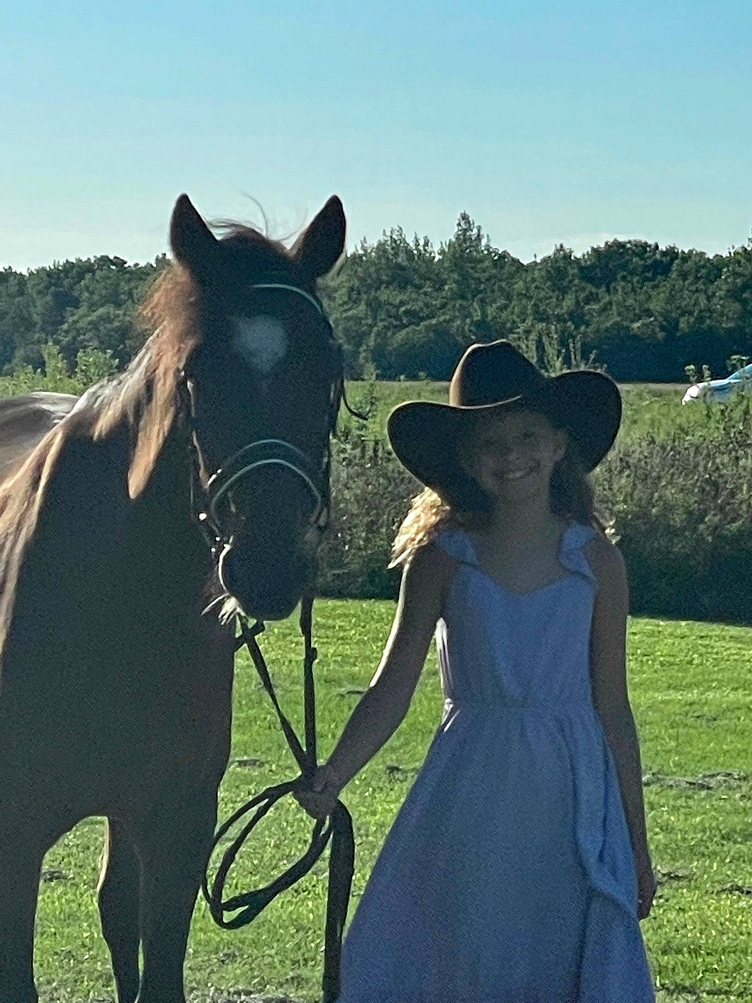 Teagan is registered to the contest to win money with this photo: bridle, grass, grassland, happy, hat, headgear, horse, horse_supplies, horse_tack, joy, landscape, light, mammal, people_in_nature, person, plant, sky, sun_hat, sunlight, tree