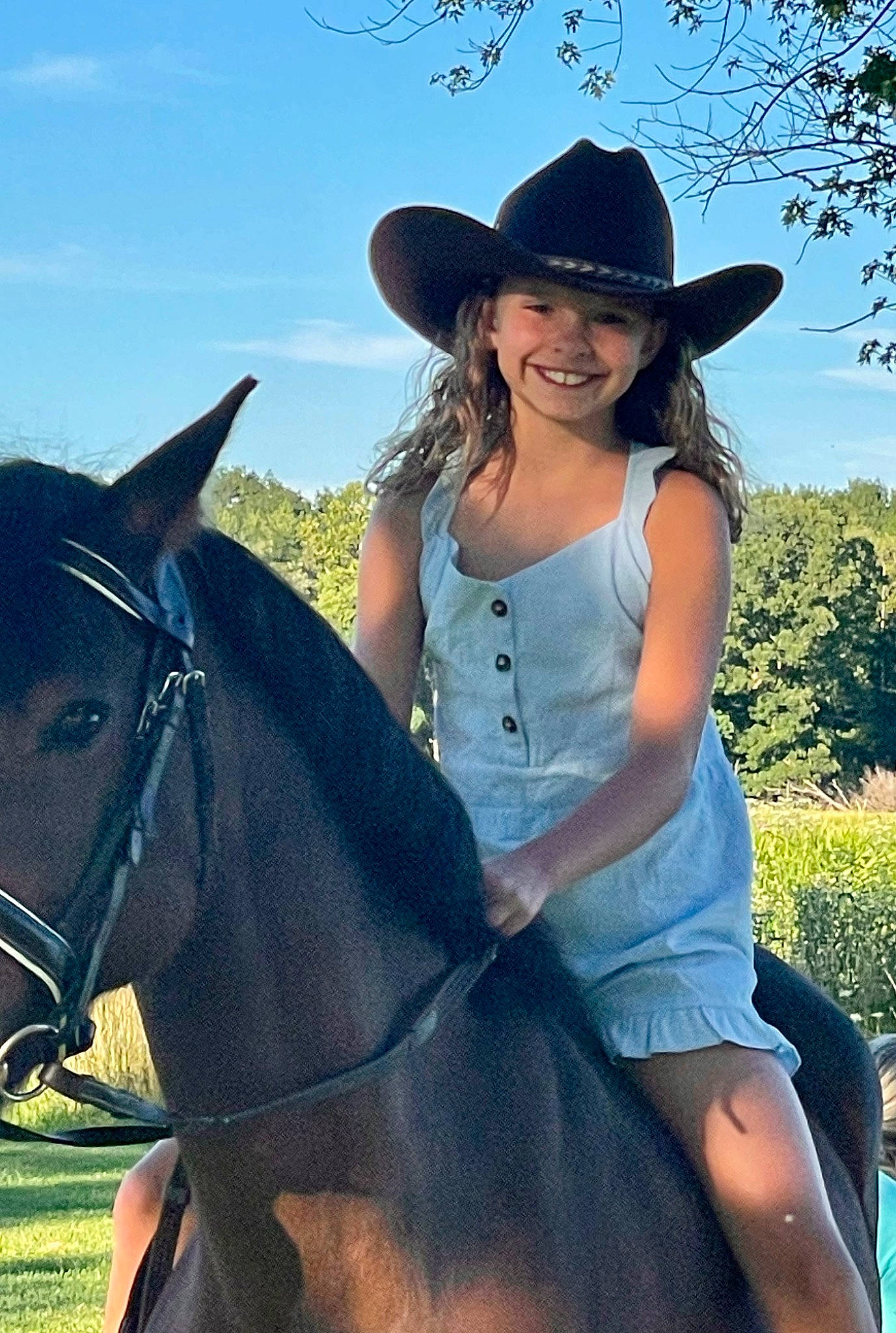 Teagan is registered to the contest to win money with this photo: bit, bridle, cool, equestrian_sport, equestrianism, happy, hat, headgear, headwear, horse, horse_supplies, horse_tack, joy, landscape, person, photograph, plant, saddle, sky, smile