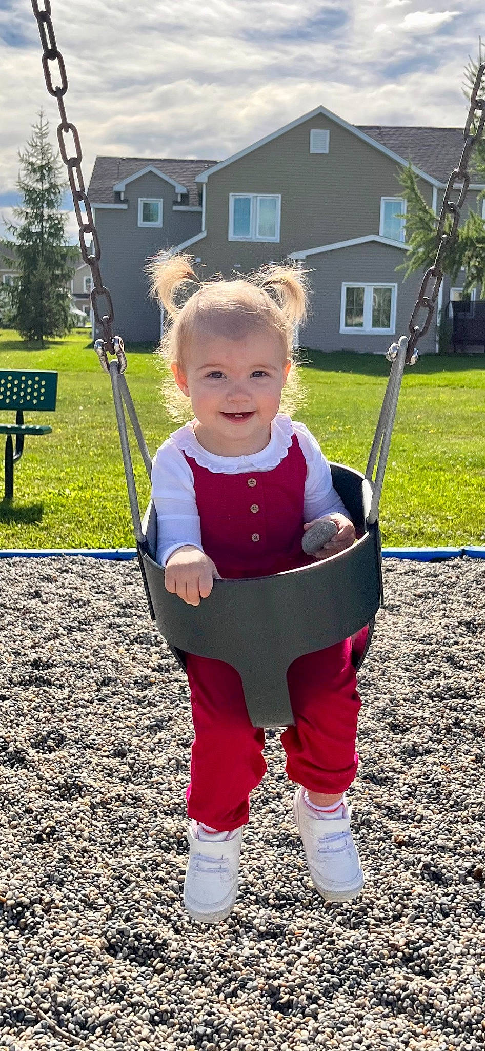 Kinsley joined the competition — help win amazing prizes! baby, baby_toddler_clothing, child, city, dress, face, fun, grass, happy, joy, leisure, outdoor_play_equipment, people_in_nature, person, plant, recreation, sleeve, smile, swing, toddler