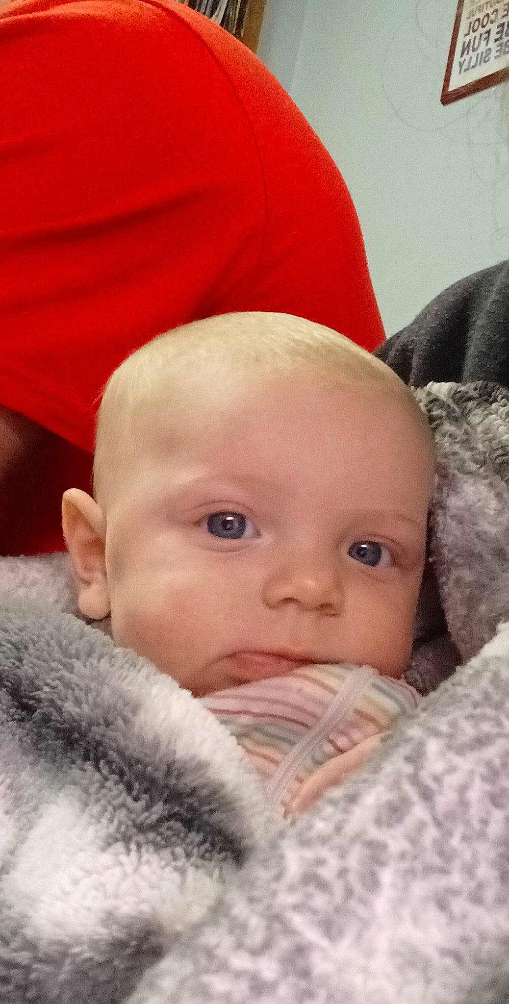 Bella is registered to the contest to win money with this photo: baby, carmine, cheek, child, close_up, comfort, eye, eyelash, fur, happy, iris, linens, lip, mouth, nose, person, skin, textile, toddler, winter