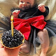 Aria participe au concours pour gagner de l'argent avec cette photo : baby, black_dress, red_bow, candle, blackberries, tart, hand, leather_couch, celebration, birthday, smiling, infant, sitting, cute, indoors, tulle_skirt, foot, skin, happy, portrait