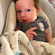 Christopher is registered to the contest to win money with this photo: baby, newborn, infant, face, eyes, hair, hand, onesie, striped_clothing, pocket_detail, blanket, swaddle, patterned_fabric, cushion, portrait, indoors, cozy, soft_texture, skin, ear