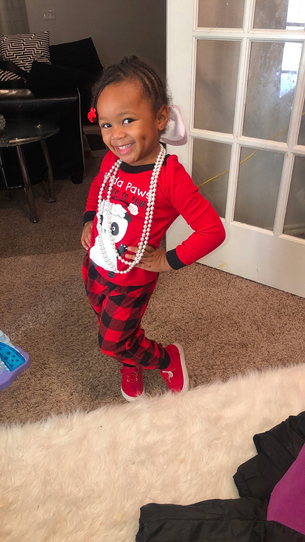 Jewell joined the competition — help win amazing prizes! child, christmas, christmas_eve, footwear, holiday, joy, outerwear, pajamas, person, play, shoe, sleeve, smile, toddler