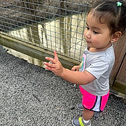 Mia joined the competition — help win amazing prizes! casual_clothing, child, curious, daylight, earrings, exploration, fence, footwear, girl, gravel, gray_shirt, hair_ties, outdoor, person, shorts, socks, standing, toddler, wire_fence, young_child