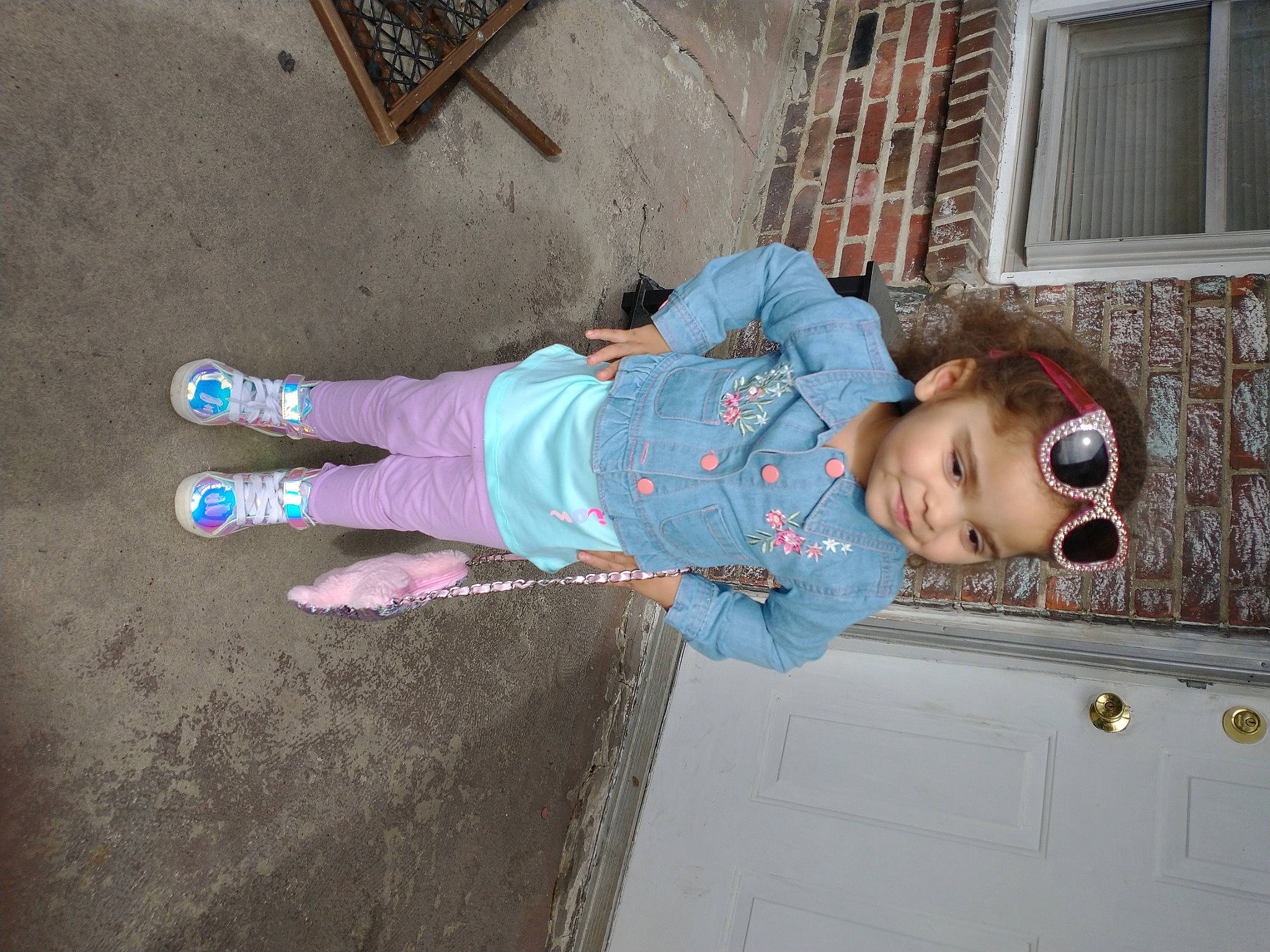 Meyah joined the competition — help win amazing prizes! baby_toddler_clothing, child, concrete, denim, door, electric_blue, eyewear, flooring, fun, human_leg, leisure, person, sitting, t_shirt, thigh, toddler, tree, walking_shoe, window, wood