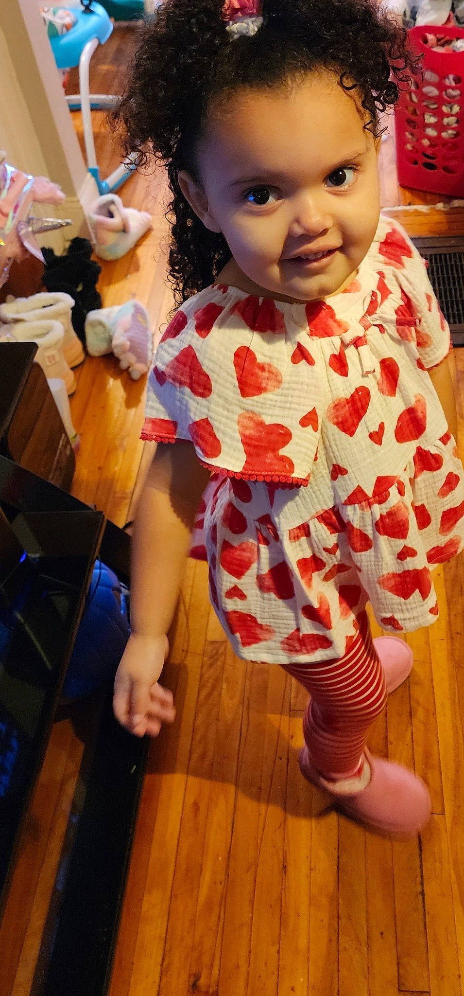 Dalaya joined the competition — help win amazing prizes! baby, baby_toddler_clothing, box, cheek, doll, eyelash, flooring, happy, hardwood, nose, pattern, person, pink, skin, sleeve, smile, t_shirt, thumb, toddler, toy