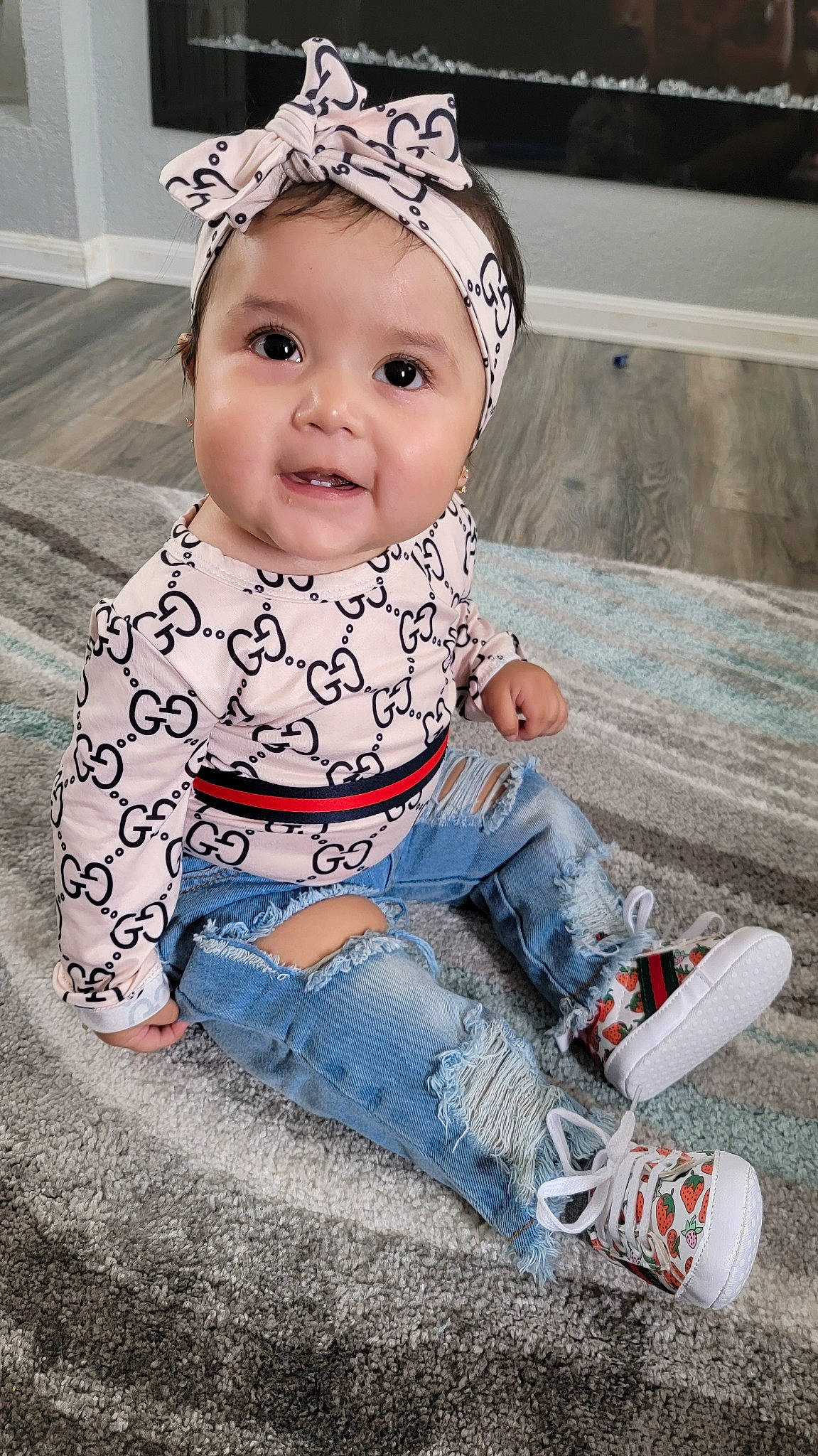 Sophia Aitana Reyes joined the competition — help win amazing prizes! baby, baby_products, baby_toddler_clothing, child, cool, dress, eye, facial_expression, fun, happy, headgear, headpiece, jeans, pattern, person, photograph, pink, skin, sleeve, toddler