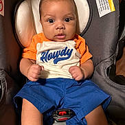 Jakobee is registered to the contest to win money with this photo: baby, child, car_seat, clothing, orange_shirt, blue_shorts, face, eyes, infant, person, seatbelt, sitting, young_child, indoor, cute, portrait, skin, hands, expression, casual