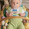 baby, bunny_ears, celebration, child, colorful, costume, cute, decorated_eggs, easter_basket, easter_eggs, flowers, funny_shirt, green_overalls, holiday, indoor, infant, pacifier, plush_bunny, sitting, spring