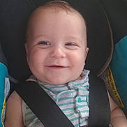 Ronnie is registered to the contest to win money with this photo: baby, child, smile, car_seat, seatbelt, striped_clothing, safety, happy, infant, portrait, cute, child_seat, young, happy_face, person, baby_clothes, seatbelt_buckle, baby_boy, casual, daylight