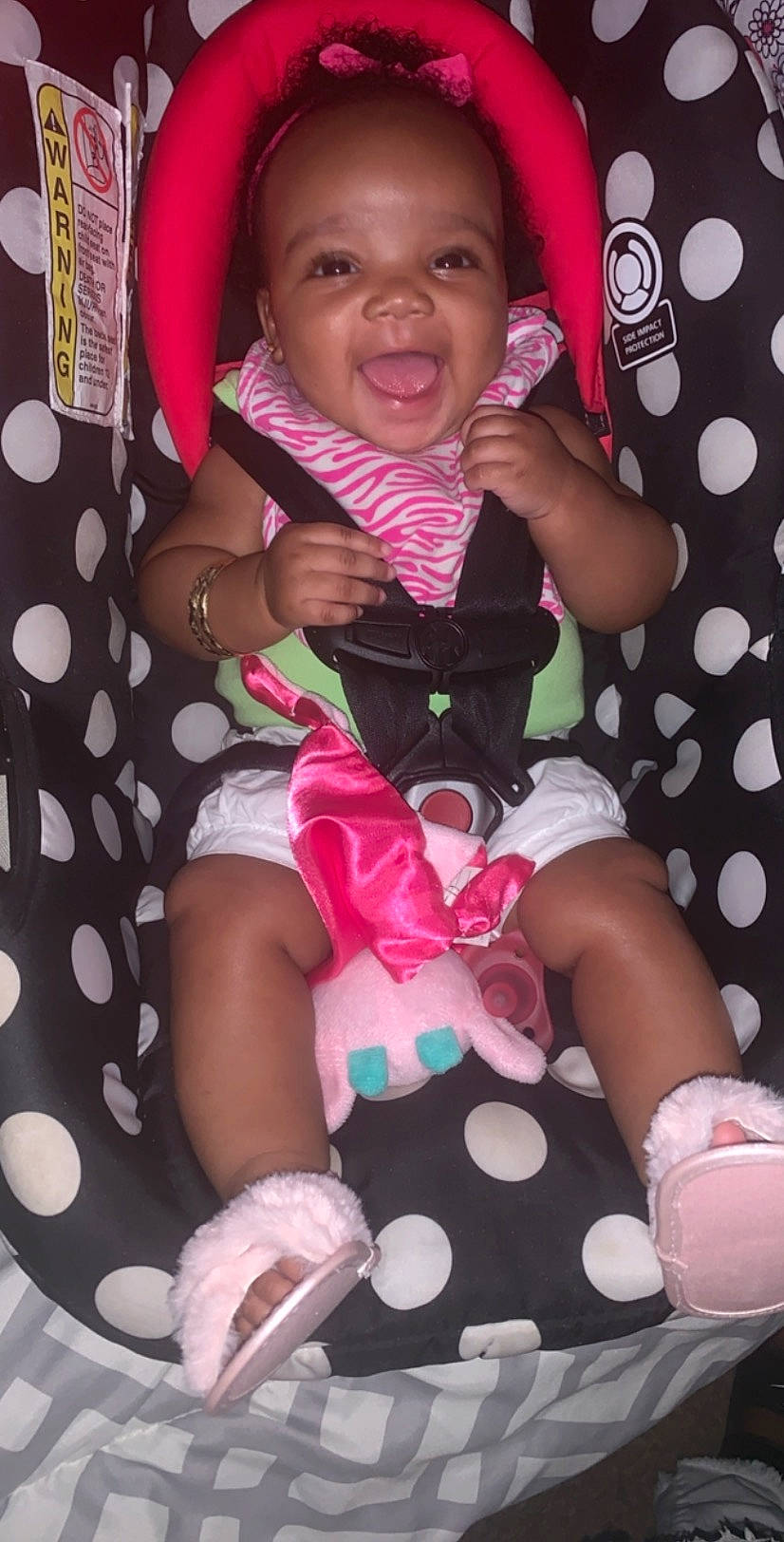 Chasity is registered to the contest to win money with this photo: baby, baby_products, baby_toddler_clothing, child, pattern, person, pink, play, polka_dot, product, smile, toddler