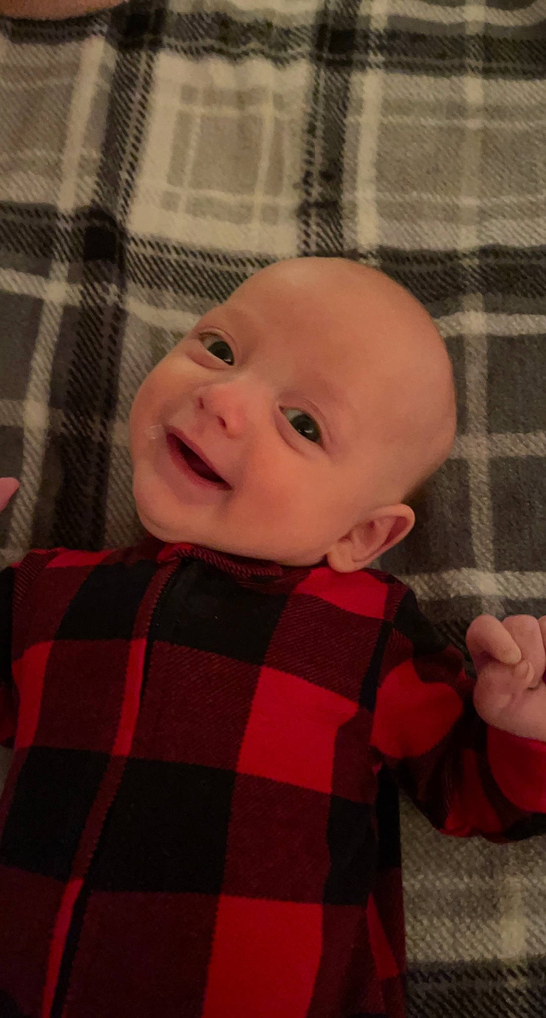 Braxton joined the competition — help win amazing prizes! baby, baby_toddler_clothing, cheek, chin, collar, comfort, eye, flooring, head, iris, nose, pattern, person, plaid, skin, sleeve, smile, tartan, textile, toddler