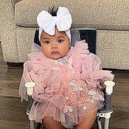 Partha is registered to the contest to win money with this photo: baby, child, pink_dress, white_bow, headband, chair, butterfly_embroidery, cute, indoors, couch, floor, plush, seated, infant, adorable, portrait, legs, feet, home, comfortable