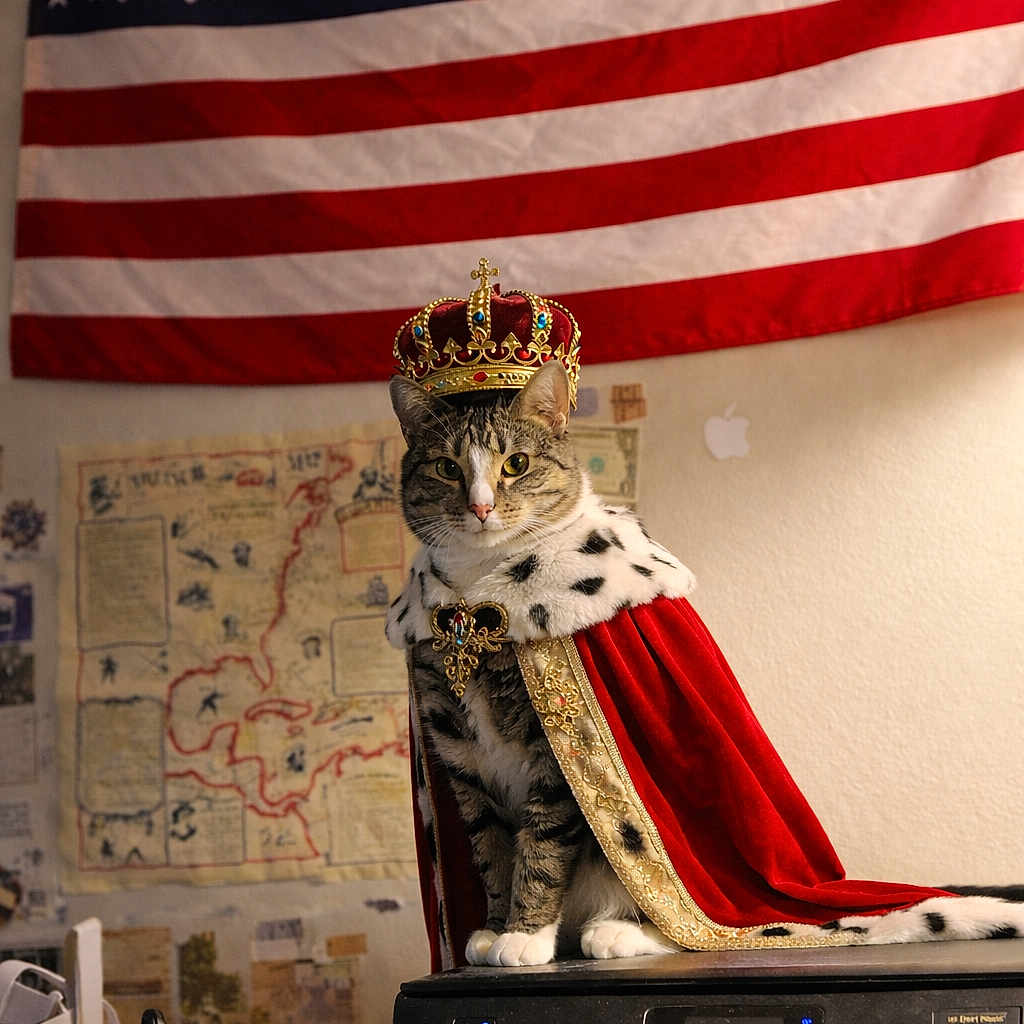 Luna Loveface joined the competition — help win amazing prizes! american_flag, animal, cape, cat, costume, crown, cute, decor, fur, furniture, indoor, map, pet, portrait, printer, royalty, seated, tabby_cat, table, whiskers
