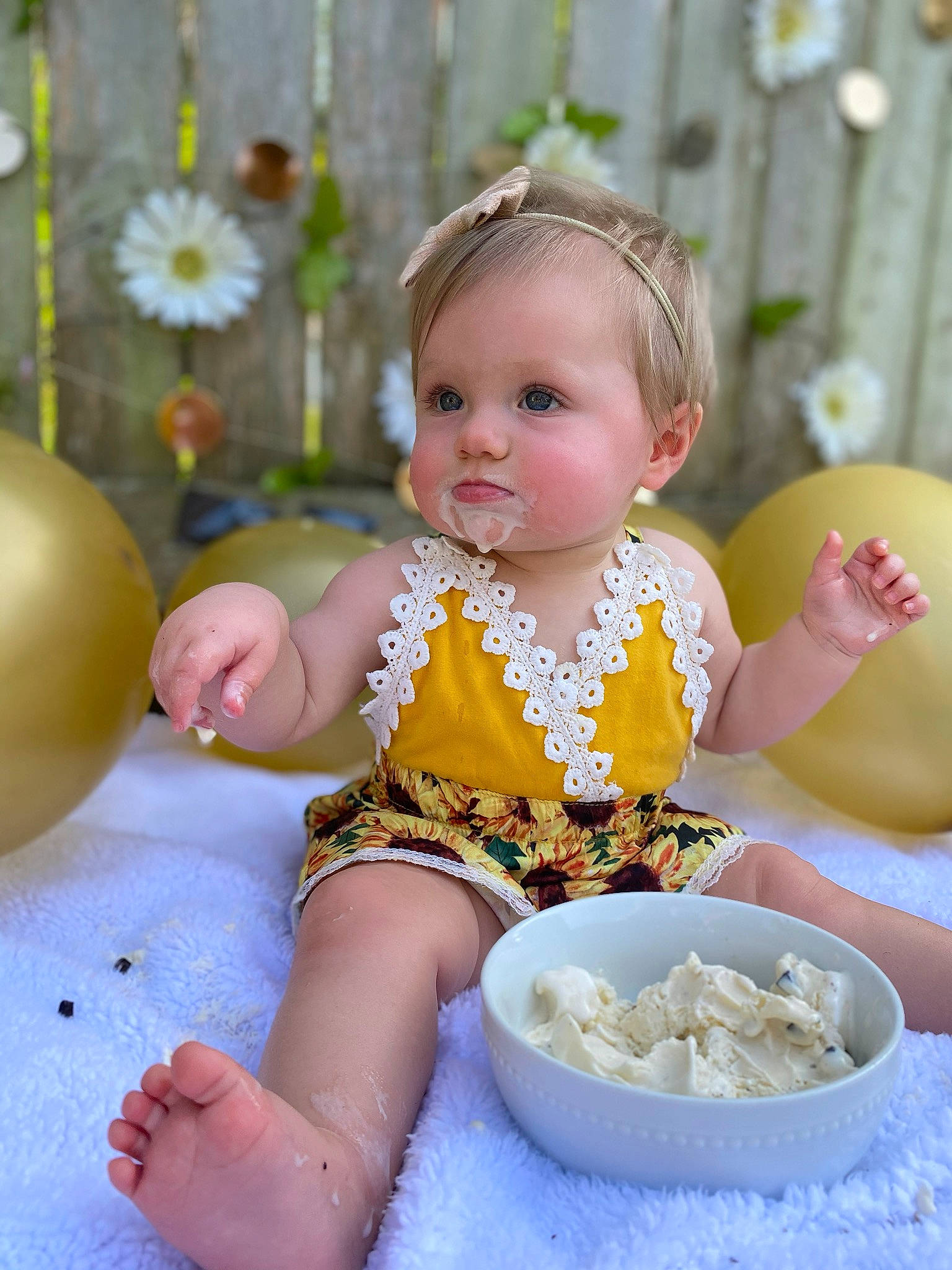 Sloane joined the competition — help win amazing prizes! baby, baby_food, baby_toddler_clothing, child, food, person, play, smile, toddler, yellow