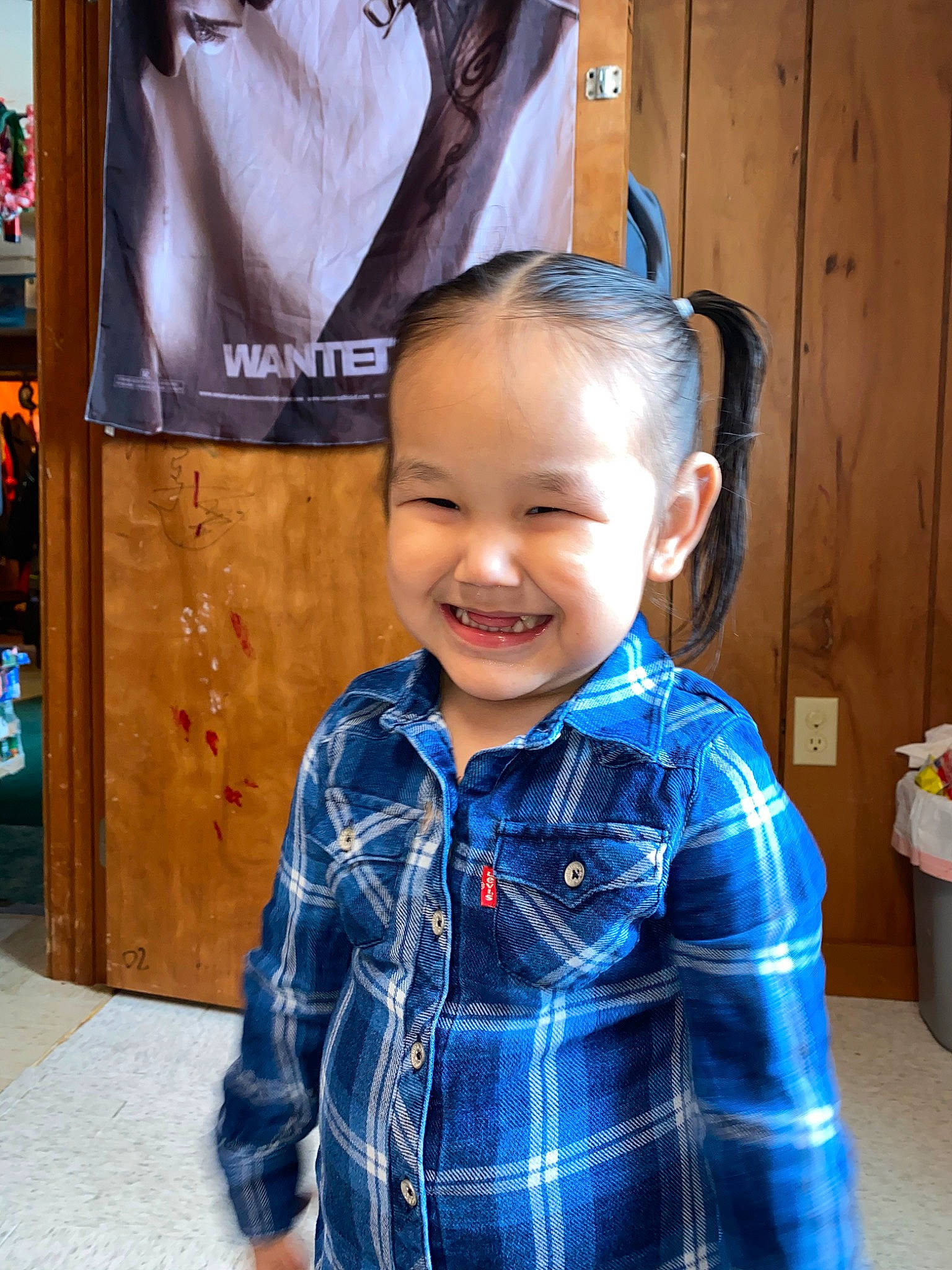 Jazelle is registered to the contest to win money with this photo: child, design, jeans, joy, pattern, person, plaid, smile, tartan, textile, toddler