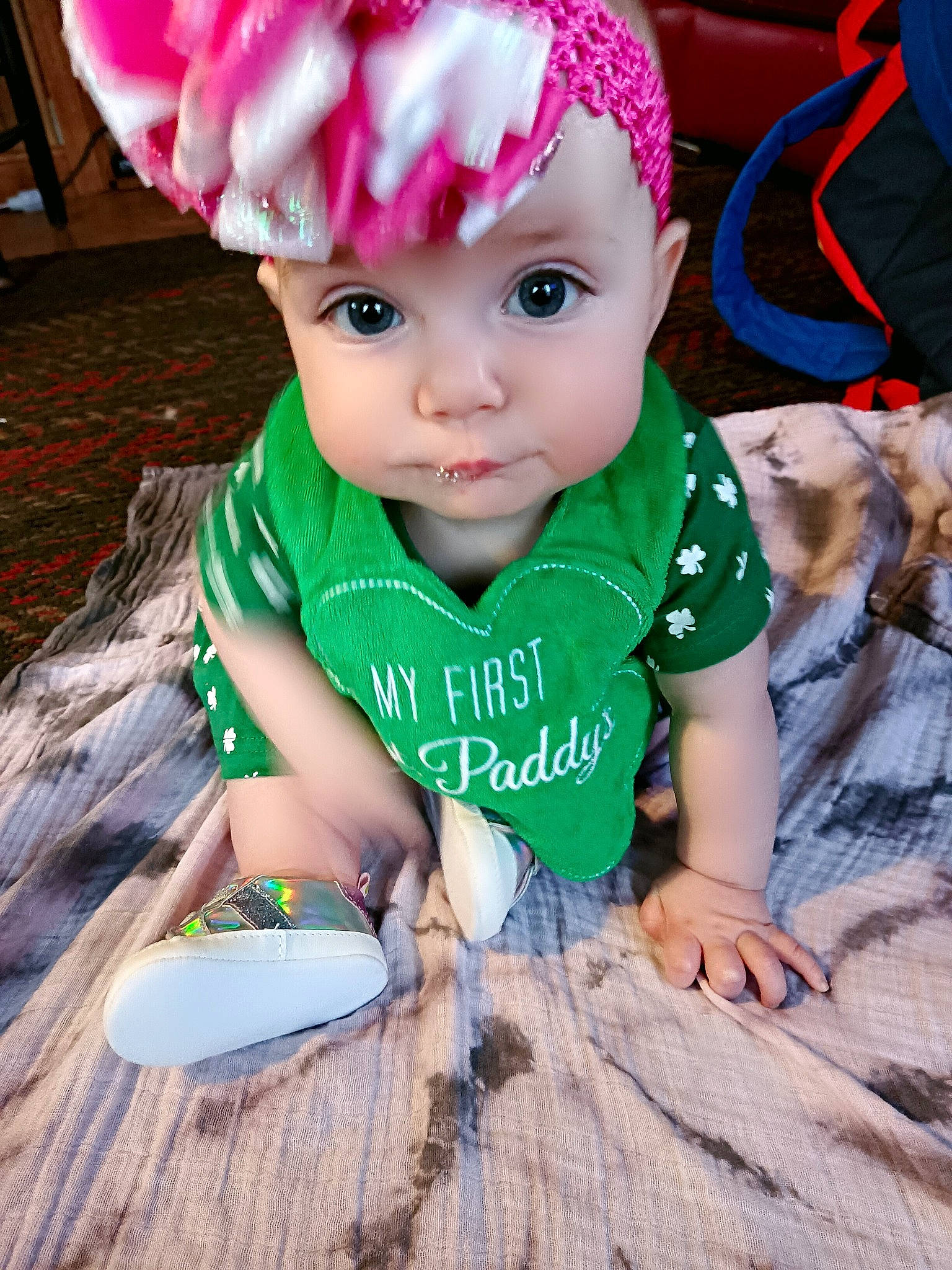 Cora joined the competition — help win amazing prizes! baby, baby_toddler_clothing, cap, child, costume_hat, eye, fashion_accessory, fur, grass, happy, headband, headpiece, headwear, knit_cap, magenta, pattern, person, pink, skin, toddler
