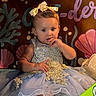 baby, bow, child, childhood, coral, cute, decor, dress, expression, face, fashion, foot, hand, indoor, infant, person, portrait, seashell, sitting, young_child