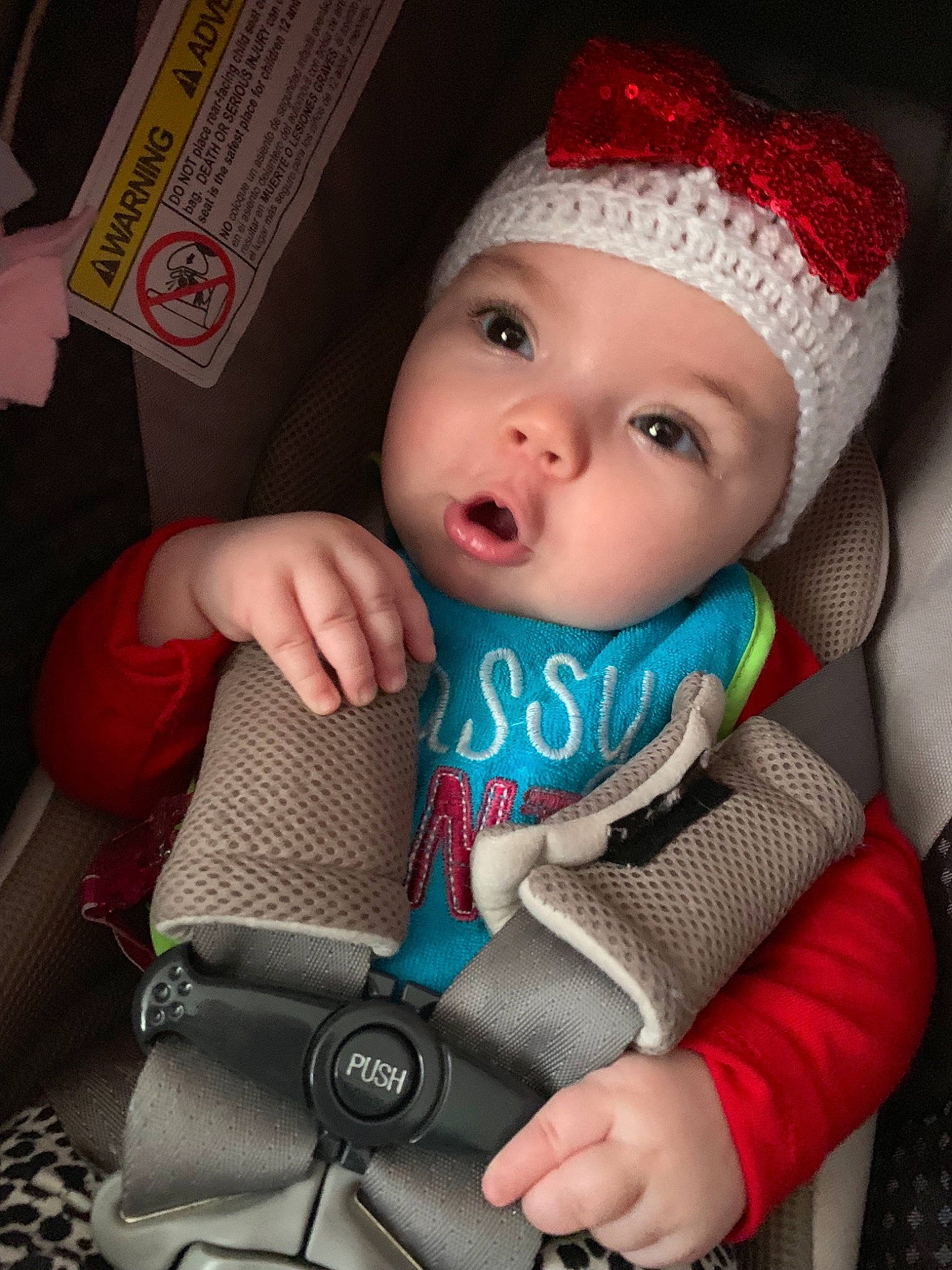 Nathalia is registered to the contest to win money with this photo: baby, baby_carriage, baby_in_car_seat, baby_products, beanie, cap, cheek, child, crochet, hand, headgear, headwear, knit_cap, knitting, person, product, smile, toddler