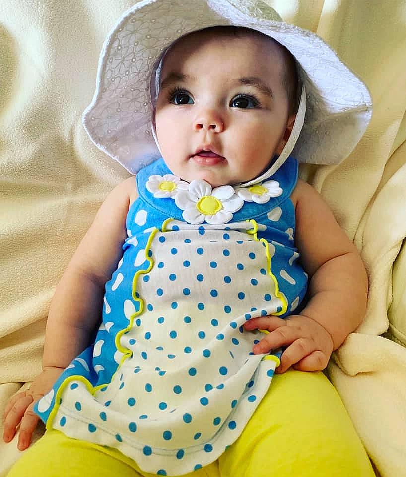 Nathalia joined the competition — help win amazing prizes! baby, baby_products, baby_toddler_clothing, child, clothing, design, pattern, person, polka_dot, product, toddler, yellow
