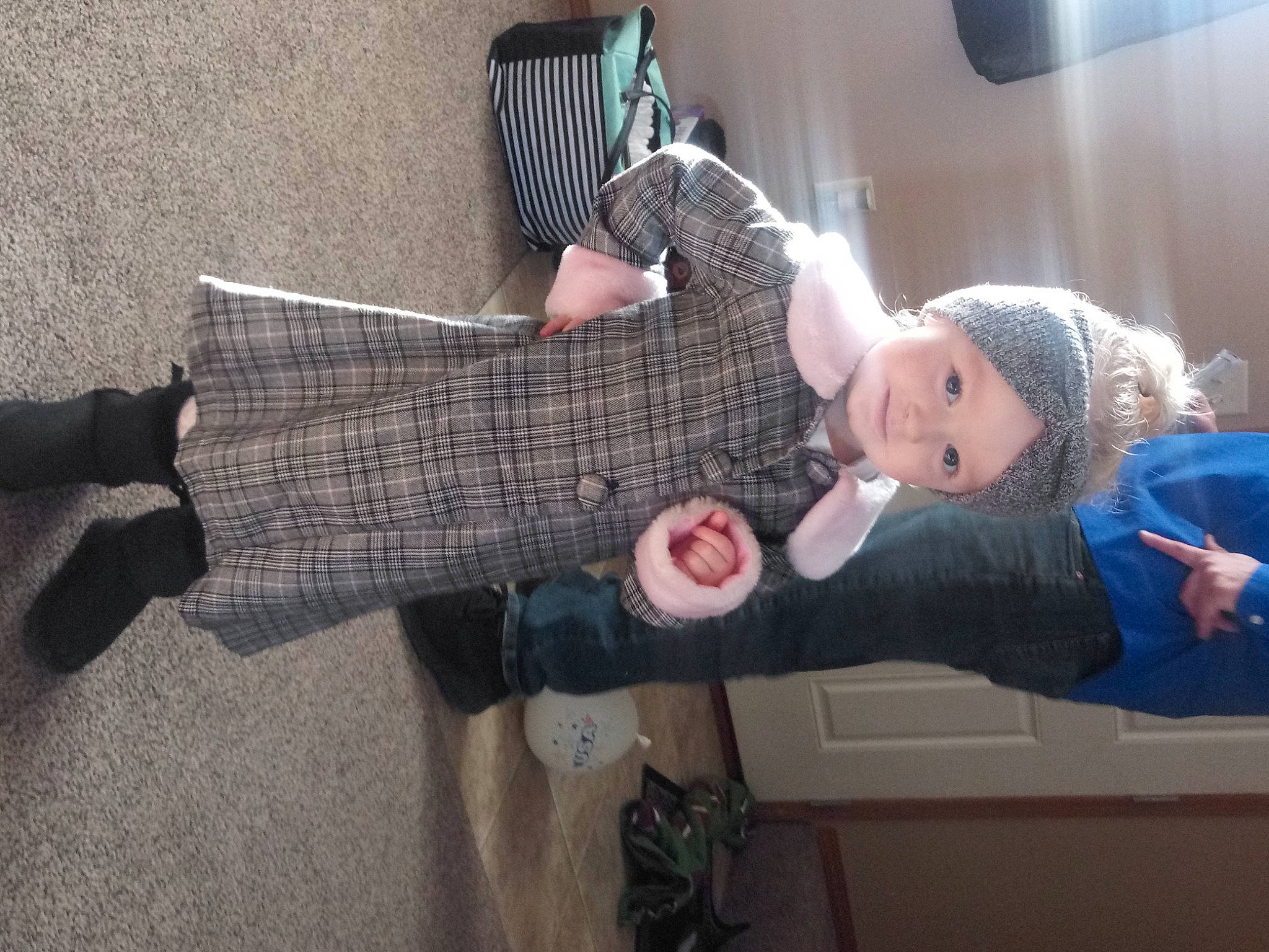 Maddie joined the competition — help win amazing prizes! child, comfort, flooring, fun, fur, headwear, human_leg, knee, pattern, person, plant, sitting, tartan, textile, thigh, toddler, wood