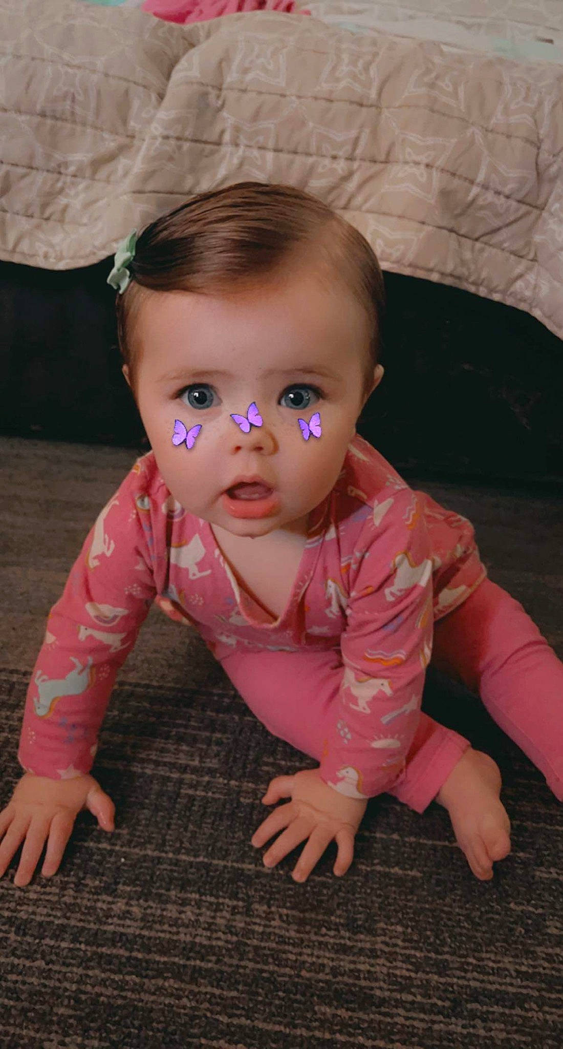 Eleanor is registered to the contest to win money with this photo: baby, baby_crawling, baby_toddler_clothing, cheek, chin, crawling, eyebrow, flash_photography, floor, flooring, happy, head, iris, lip, mouth, nose, person, pink, skin, toddler