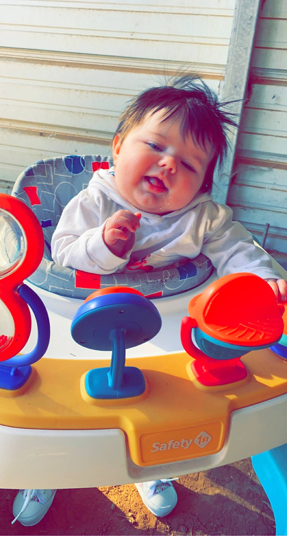 Eleanor joined the competition — help win amazing prizes! baby, baby_playing_with_toys, baby_products, baby_toddler_clothing, baby_toys, child, electric_blue, facial_expression, fun, person, plastic, play, recreation, room, sitting, toddler, toy, toy_vehicle