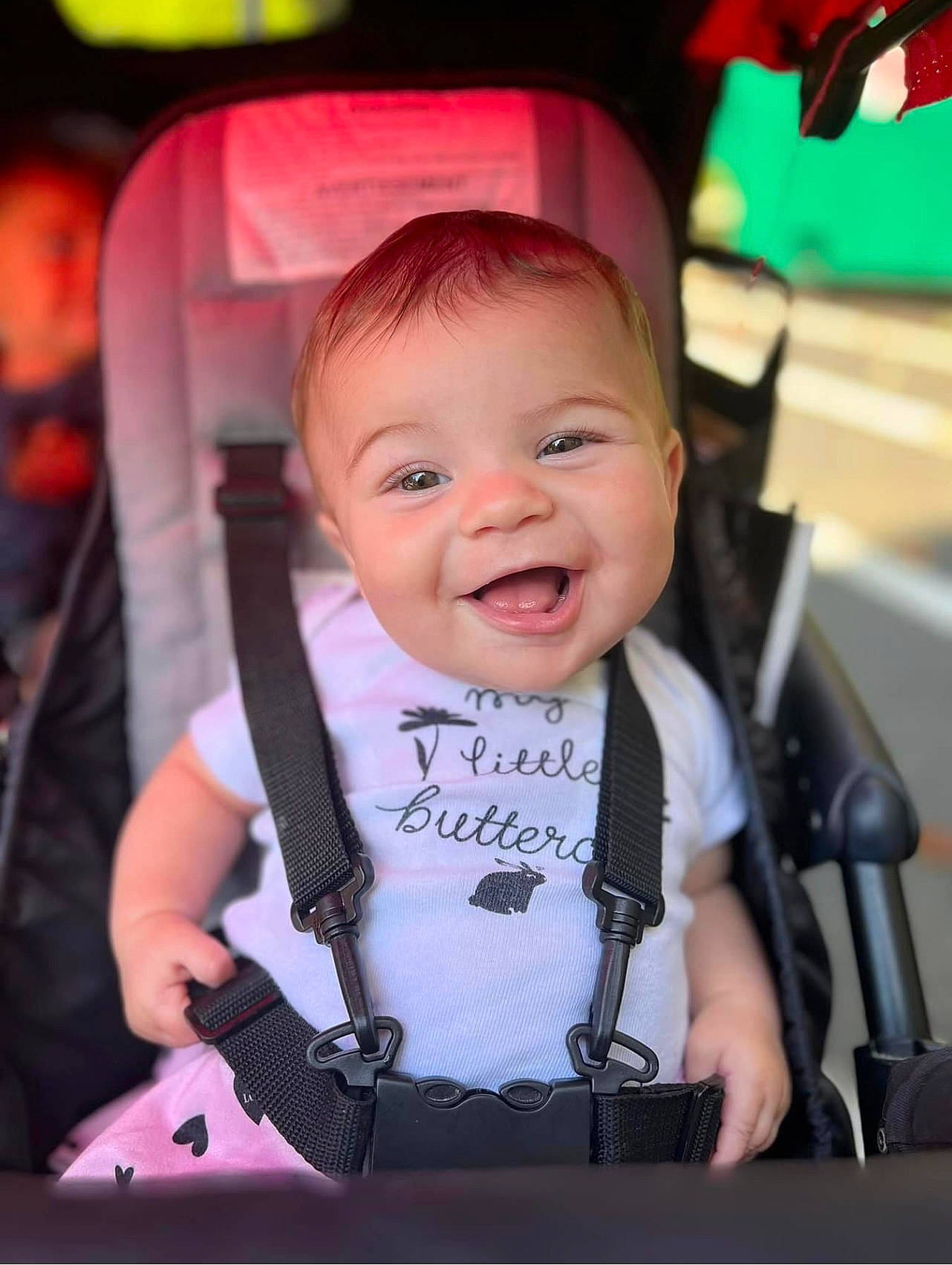 Aliyah joined the competition — help win amazing prizes! baby, baby_carriage, baby_products, baby_toddler_clothing, bag, cheek, child, event, fashion_accessory, flash_photography, fun, happy, iris, joy, magenta, person, photograph, pink, skin, smile