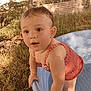 toddler, child, swimsuit, red_checkered, blue_pool, outdoor, grass, summer, water, baby, nature, fence, tree, curious, candid, sunlight, portrait, play, barefoot, young