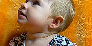 Katharina joined the competition — help win amazing prizes! toddler, child, portrait, side_view, blonde_hair, ponytail, dress, pink_bow, orange_background, patterned_clothing, curious, looking_up, young_child, indoor, closeup, cute, happy, baby, skin, face
