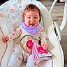 Aylanna is registered to the contest to win money with this photo: animal_print, baby, baby_rocker, child, clothing, comfort, couch, curly_hair, cute, fabric_book, happy, indoor, infant, playful, portrait, purple_bib, seated, smiling, soft_toy, wooden_floor