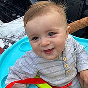 Judd joined the competition — help win amazing prizes! baby, child, smiling, face, blue_baby_seat, red_strap, striped_shirt, buttoned_shirt, outdoor, happy, toddler, infant, cute, portrait, head, skin, eyes, hand, clothing, seat