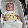 Riley joined the competition — help win amazing prizes! baby, blanket, child, clothing, cozy, cute, face, fruit_pattern, head, indoors, infant, person, relaxed, resting, sleepy, small_hand, soft, stroller, white_blanket, yellow_dress