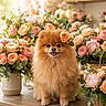 Ella joined the competition — help win amazing prizes! adorable, bouquet, cozy, cute, decor, dog, flower, fluffy, indoor, natural_light, peach_flowers, pet, pink_flowers, pomeranian, rose, small_dog, smiling, table, vase, wooden_table