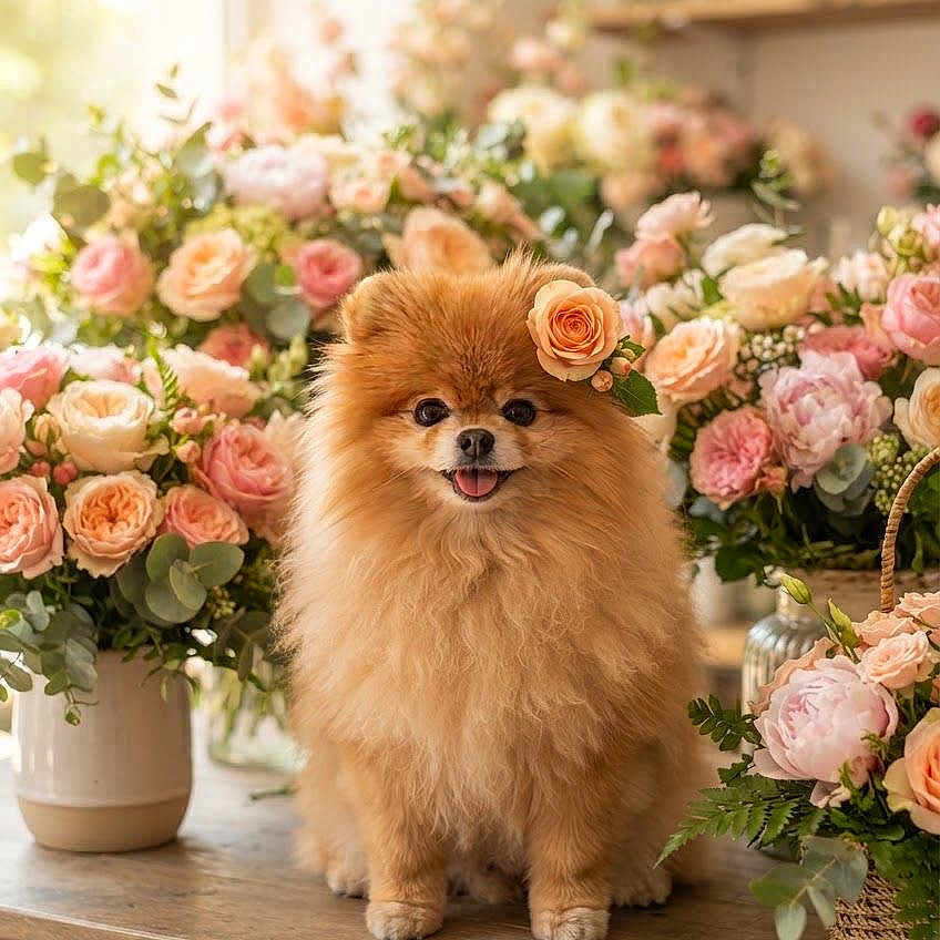 Ella joined the competition — help win amazing prizes! adorable, bouquet, cozy, cute, decor, dog, flower, fluffy, indoor, natural_light, peach_flowers, pet, pink_flowers, pomeranian, rose, small_dog, smiling, table, vase, wooden_table